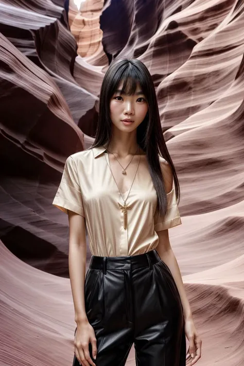 Asian woman, closeup, (shirt), pants, (Antelope Canyon), cross necklace , (), KM_dara, wide shoulders, perfect face, (contact iris: 1.1), pale skin, skin pores , depth of field