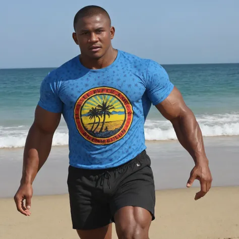 solo, male focus, buakaw, dark skin male, mature male, running on the beach, sunset, print t-shirt, black shorts, anatomically correct, detailed eyes, detailed face, deep brown eyes, muscular, bodybuilder, huge pectorals, huge biceps, buzz cut,
<lora:Buaka...