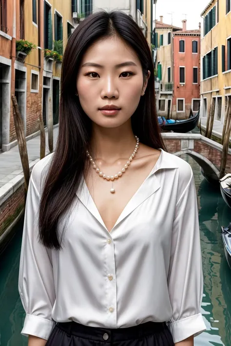 Asian woman, closeup, (shirt), pants, (venice canals), pearl necklace , (), KM_isabel, wide shoulders, perfect face, (contact iris: 1.1), pale skin, skin pores , depth of field