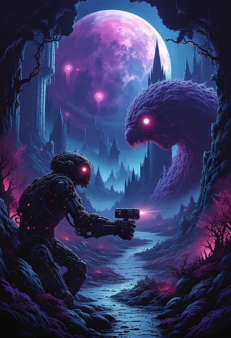 Midnight Cyberpunk Robots Fight Vampires, Cthulhu Background, Wilderness Castle,style of Dan Mumford