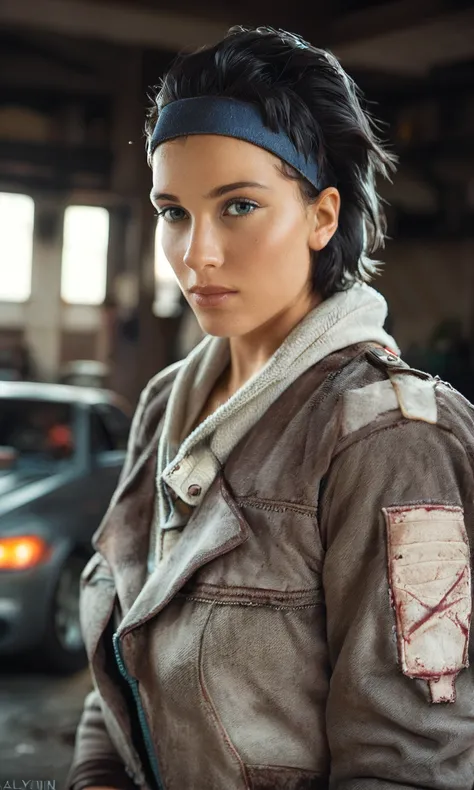 score_9, score_8_up, score_7_up, BREAK, zy_alyx, 1girl, black hair, short hair, gloves, jacket, headband, portrait, realistic, photo, real hair, detailed skin, garage, highly detailed, detailed skin, depth of field, film grain, <lora:zy_Alyx_PonyRealism_v1...