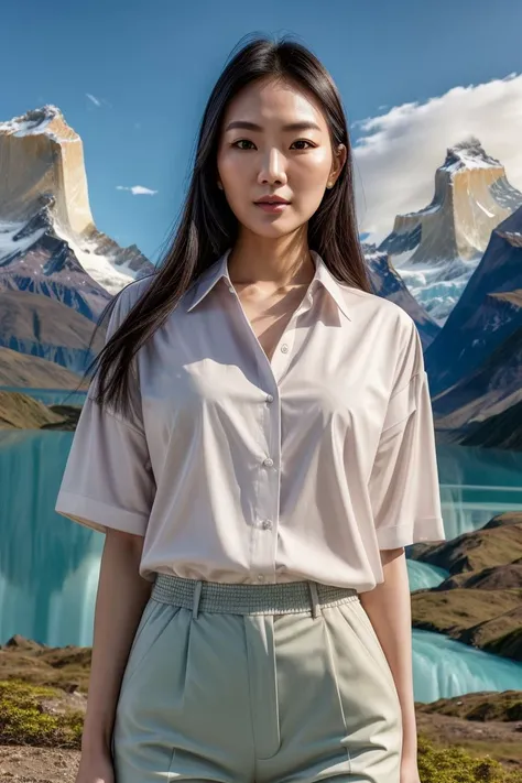 Asian woman, closeup, (shirt), pants, (Torres del Paine), (), (), KM_jody, wide shoulders, perfect face, (contact iris: 1.1), pale skin, skin pores , depth of field