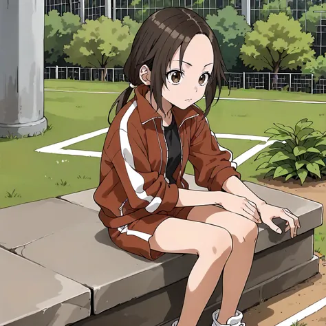 <lora:MMNN_AkaneNagisaXLpony001>,
outdoors,nature,
solo,
AkaneNagisa,1girl,black brown hair,low twintails,forehead,brown eyes,
track jacket,red jacket,sleeves rolled up,
track shorts,red shorts,
full body,sitting,