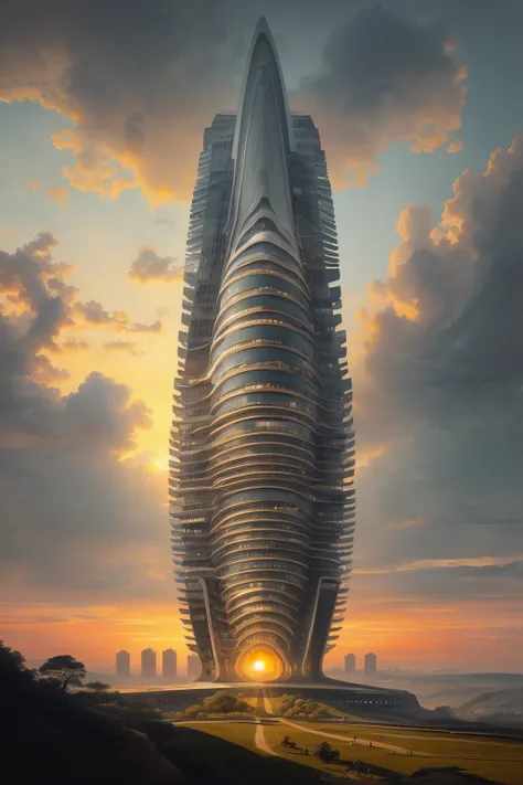 masterpiece,best quality,<lora:tbh413-:0.8>,illustration,design by Humphry Repton, Futuristic skyscraper with organic shapes, inspired by Zaha Hadid, gleaming under a sunset sky