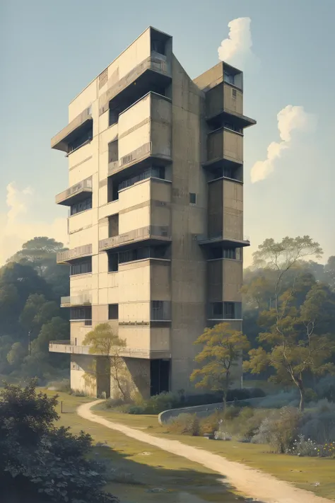 masterpiece,best quality,<lora:tbh413-:0.8>,illustration,design by Humphry Repton, Brutalist concrete university campus with geometric shapes and exposed materials