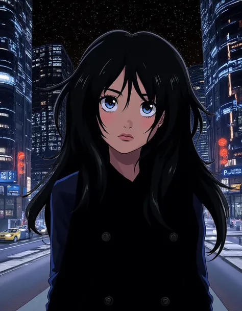 ((Retro 90s Anime style illustration)) drawing of a closeup on face of woman wearing a long black trench-coat futuristic city in the background in the style of the 90s anime Akira.   <lora:Jules_LeBlanc_FLUX_V1-000061:1>