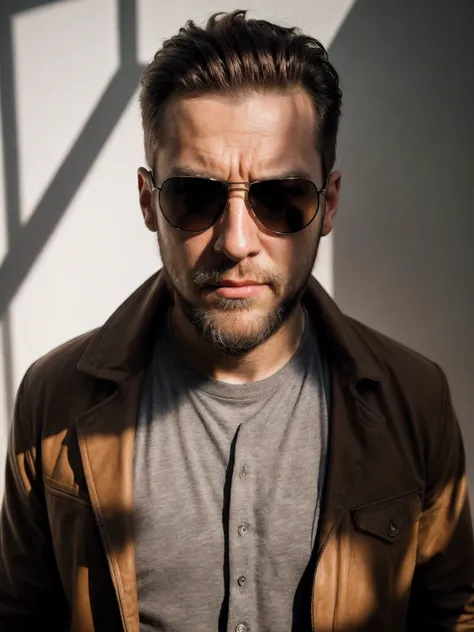 man, angry, sunglasses , stubble beard, warm light, shadows