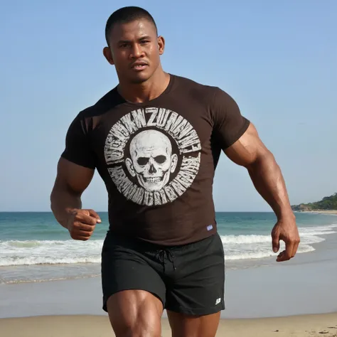 solo, male focus, buakaw, dark skin male, mature male, running on the beach, sunset, print t-shirt, black shorts, anatomically correct, detailed eyes, detailed face, deep brown eyes, muscular, bodybuilder, huge pectorals, huge biceps, buzz cut,
<lora:Buaka...