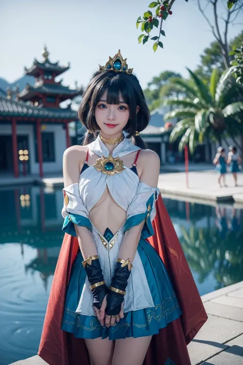 realistic,photorealistic,best quality,masterpiece,highres,8k,RAW photo,ultra-detailed,1girl,solo,looking at viewer,cowboy shot,standing,smile,yunli cosplay costume,cosplay,blue hair,low twintails,very long hair,chinese clothes,dress,cape,skirt,red cape,det...