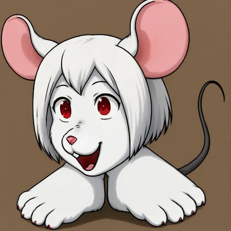 1 girl, goombafied, mouse, white fur, red eyes, happy