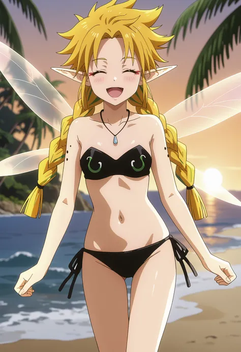 score_7_up, anime screencap,
<lora:TenSura_RamirisXL:0.9>, RamirisTS,
1girl, solo, open mouth, smile,
long hair, twin braids, blonde hair, closed eyes, pointy ears, facial mark, fairy wings, mole on arm,
strapless bikini, black bikini, necklace, side-tie b...