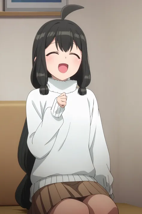 Kaede Otori, 4k, absurd, high resolution, ultra high resolution, high definition, masterpiece, ilustration, 2d, anime style, 1girl, solo, long hair, smile, open mouth, skirt, black hair, sitting, closed eyes, ahoge, :d, sweater, sleeves past wrists, turtle...