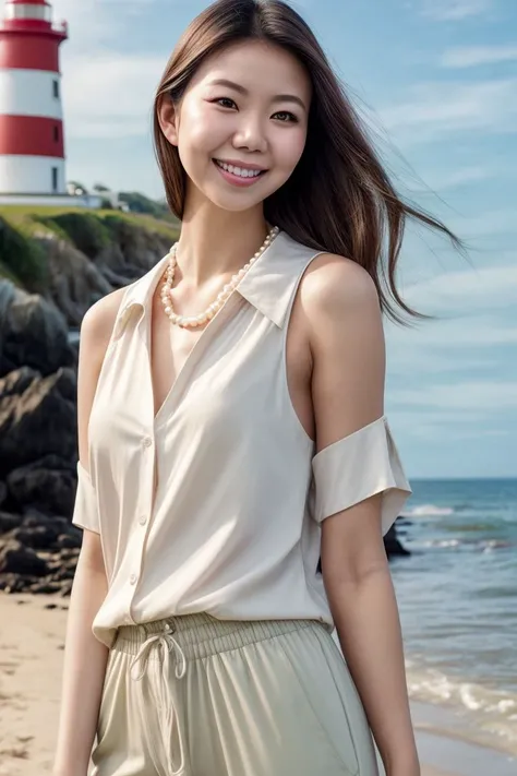 Asian woman, closeup, (shirt), pants, (beach lighthouse), pearl necklace , smiling , KM_namgar, wide shoulders, perfect face, (contact iris: 1.1), pale skin, skin pores , depth of field