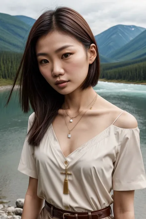 Asian woman, closeup, (shirt), pants, (nahanni national park), cross necklace , (), KM_charlene, wide shoulders, perfect face, (contact iris: 1.1), pale skin, skin pores , depth of field