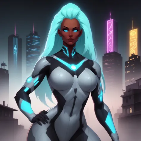 stunning woman with  <six arms ><six eyes><each glowing >with an ethereal light, enhancing the electrifying energy of the scene., smooth and flawless, form-fitting suit in a dark color, all contributing to the high-tech atmosphere. The city’s glow reflects...