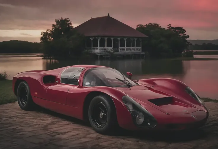 a photograph of a p0rsche9l0xl sports car, Dusk: The transition from day to night, characterized by subtle colors and serene beauty., Burgundy Red, front 3/4 view , A tranquil, lakeside gazebo at dawn., dark moody low-key, 