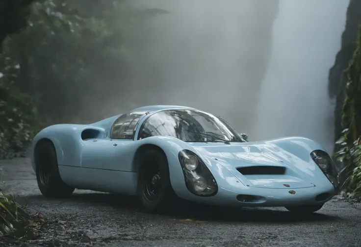 a photograph of a p0rsche9l0xl sports car, Fog/Mist: A misty or foggy setting that creates an ethereal and mysterious ambiance., Powder Blue,  front view , A glistening, secluded waterfall in the rainforest., dark moody low-key, 