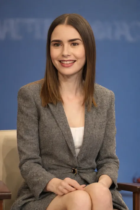 1girl, female guest on a talk show, sitting comfortably, smiling, wearing a stylish outfit, studio lights and set background visible
<lora:lily_collins_lora_v02:1> lily89