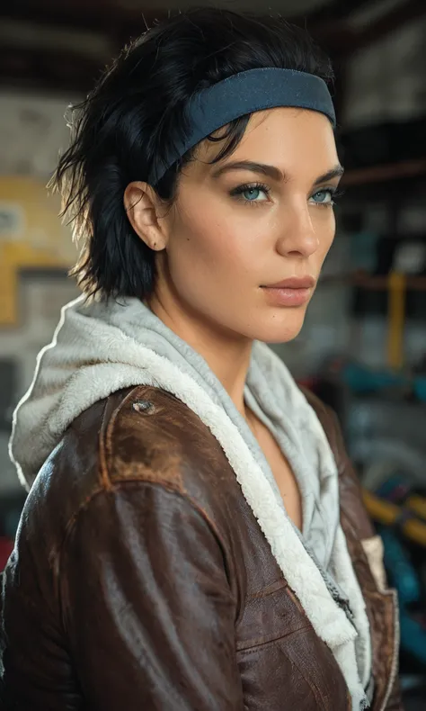 score_9, score_8_up, score_7_up, BREAK, zy_alyx, 1girl, black hair, short hair, gloves, jacket, headband, portrait, realistic, photo, real hair, detailed skin, garage, highly detailed, detailed skin, depth of field, film grain, <lora:zy_Alyx_PonyRealism_v1...