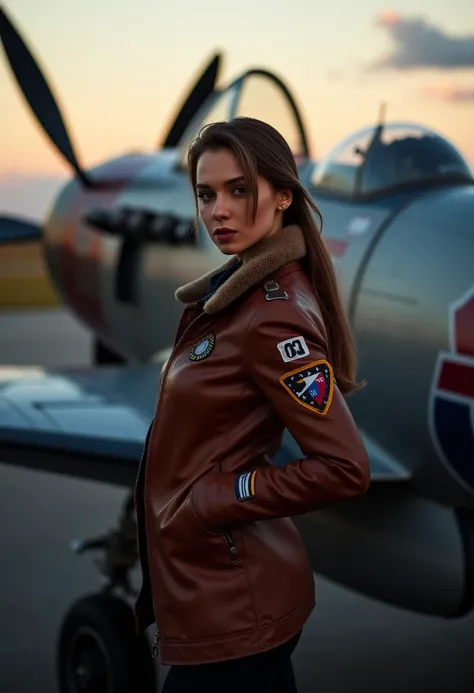 professional photography.
realistic.
Cinematic lighting.
anna tsaralunga dressed as a World War II female fighter pilot standing confidently next to her fighter plane on a runway. The pilot is wearing a classic brown leather flight jacket with various avia...