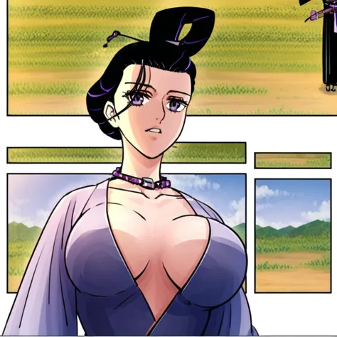 comic, breasts, purple eyes, large breasts, updo, necklace, japanese clothes, looking at viewer, collarbone, dress