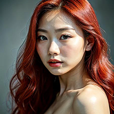 woman half korean , long hair red beautifull realstic portrait posing