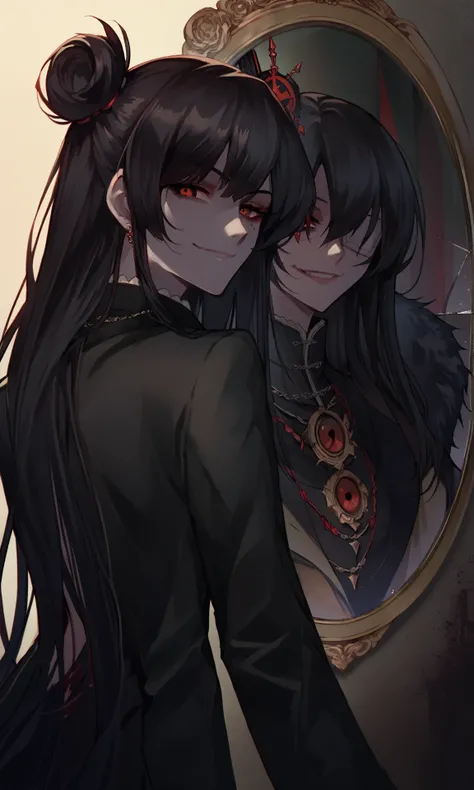 score_9, score_8_up, score_7_up, source_anime, diffRef, 1girl, solo, long hair, looking at viewer, smile, black hair, hair ornament, red eyes, long sleeves, 2girls, jewelry, looking back, necklace, mole, coat, fur trim, eyepatch, mirror, evil smile