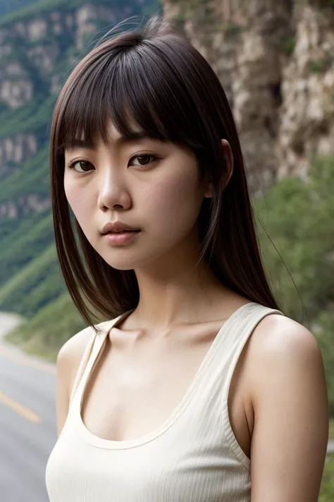 Asian woman, closeup, (shirt), pants, (glenwood canyon), (), (), KM_natasha, wide shoulders, perfect face, (contact iris: 1.1), pale skin, skin pores , depth of field