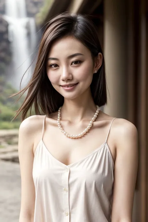 Asian woman, closeup, (shirt), pants, (Victoria Falls), pearl necklace , smiling , KM_anchali, wide shoulders, perfect face, (contact iris: 1.1), pale skin, skin pores , depth of field