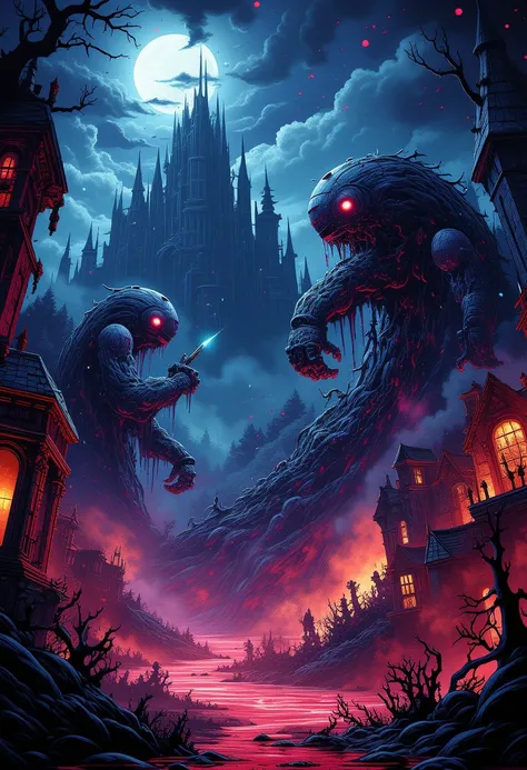 Midnight Cyberpunk Robots Fight Vampires, Cthulhu Background, Wilderness Castle,style of Dan Mumford