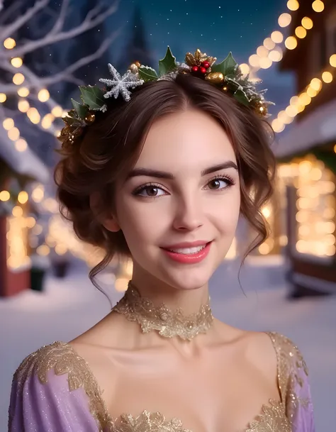 In a captivating holiday scene, the enigmatic G4L1N4D, a woman with brown hair cascading in soft waves down her shoulders and warm, inviting brown eyes that sparkle like twinkling Christmas lights, is captured in an intimate close-up. Dressed in an exquisi...