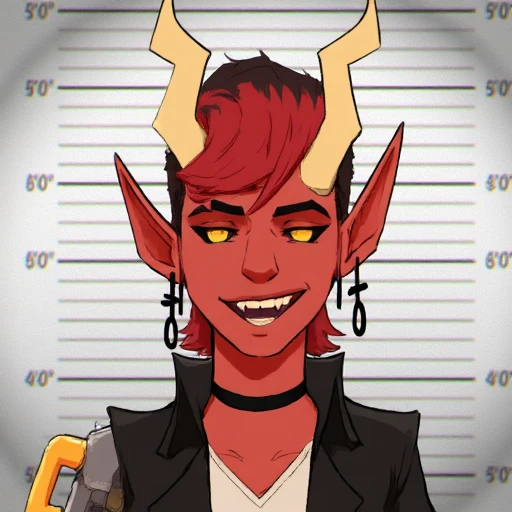 A red-skinned tiefling with yellow eyes and long, curved horns smiles mischievously in a mugshot-style lineup. She wears a black choker and jacket, with a mechanical arm visible on the left side. Her short, red hair falls over one eye, giving her a rebelli...