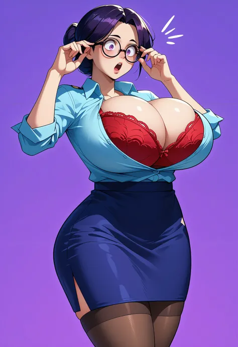 score_9,score_8_up,core_7_up,<lora:bra_cup_sticking_out_xl:1>1girls, :o, !!!, adjusting glasses, alternate breast size, big glasses, bra, bra cups sticking out, breasts, bursting breasts, busty, button, button pop, chestnut mouth, classy, cleavage, clothed...