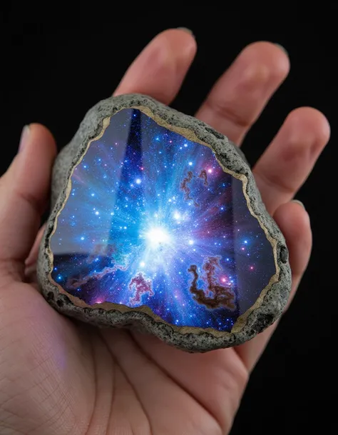 A close-up of a hand holding a seemingly ordinary stone that glows from within, revealing a miniature galaxy capturing the luminescence and textures