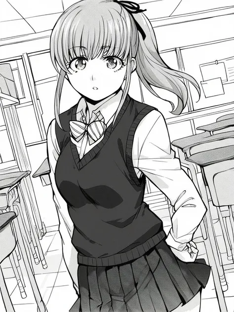 score_9, score_8_up, score_7_up, 
1girl, monochrome, Noriko ih, grey hair, ponytail, hair ribbon, small breasts,

school uniform, striped bowtie, black sweater vest, white shirt, long sleeves, pleated skirt, standing, classroom, looking at viewer, parted l...