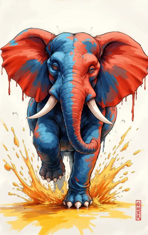 A vibrant, dynamic Chinese ink painting of an elephant charging towards the viewer, showcasing bold colors of red, blue, and yellow. The brushstrokes are expressive and rapid, capturing the energy and movement of the scene. The artwork blends traditional a...