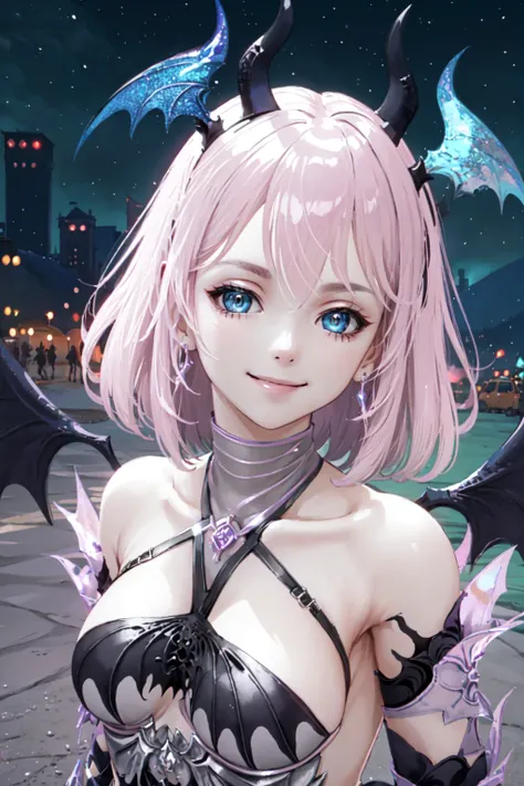 random pose, city, people around, masterpiece, best quality, high resolution, Selren_outfit, Selren, demon wings headpiece, garter straps, portrait, smile, looking at viewer,  <lora:SelrenV33_lora-10 (2):0.9>