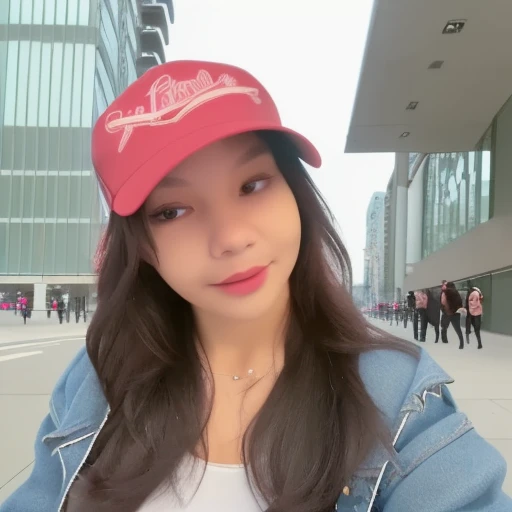 girl posing for pic in front of tall building. Blue eyes. small perfecteyes  Wearing ripped Denim jacket red trucker hat no makeup. Clear skin.  realistic skin style Long dark black slick back hair. No makeup. Dusk, Street light. Looking at camera POV. Sli...