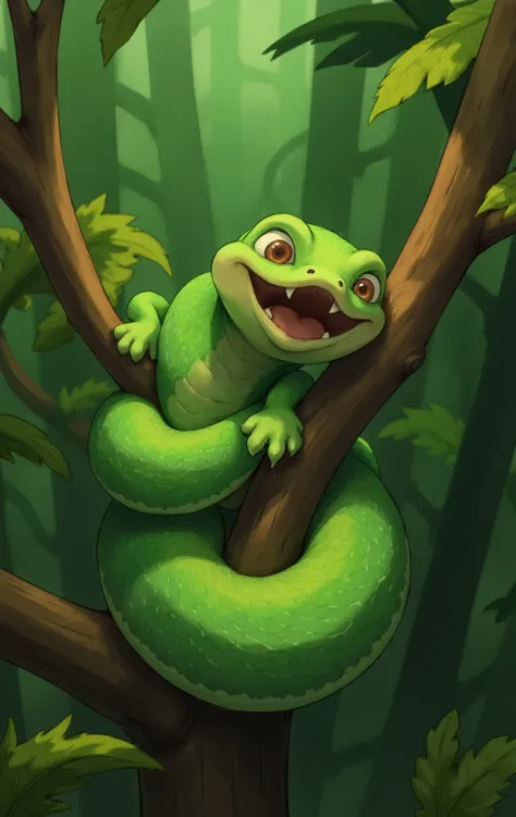 A cute little snake with smooth green scales and a wide, innocent smile. It’s wrapped around a branch, peeking down with curiosity. The background is a lush jungle, enhancing the snake’s playful vibe