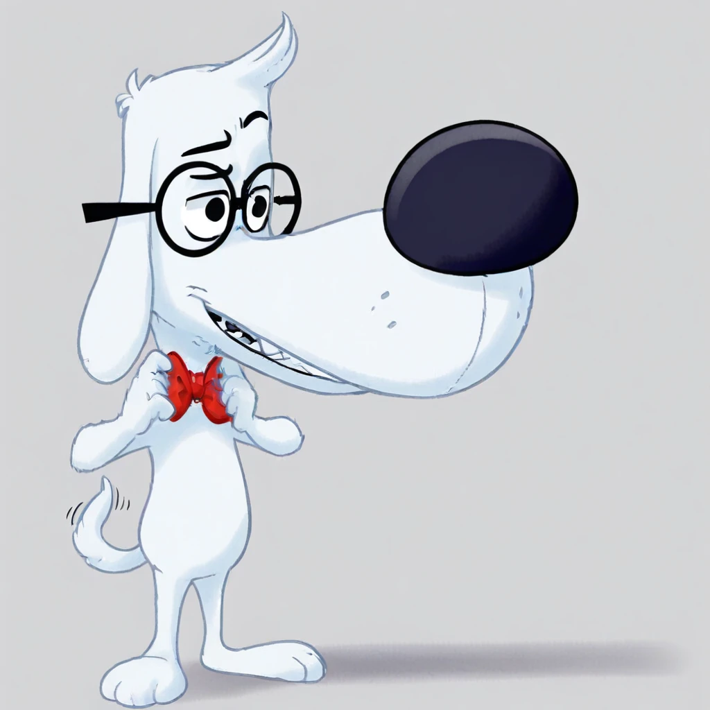 furry, looking to the side, thick eyebrows. Smile, raised arm, black eyes, Solo, black glasses, anthro, dog ears, fur, confused look, furry male, finger up, male, Mr Peabody, fixing bow tie, short hair, raised tail, red bow tie, furry dog, black eyebrows, ...