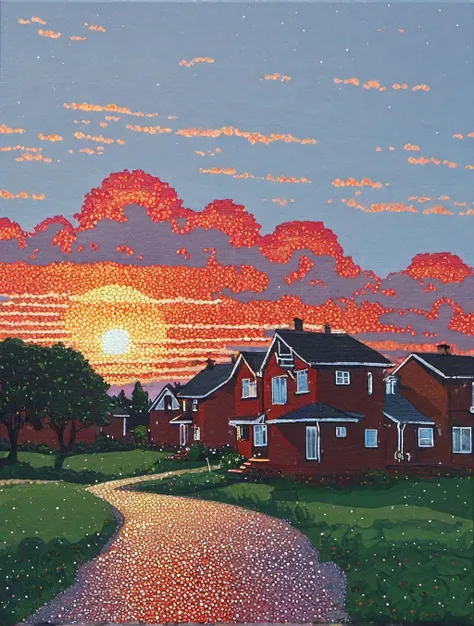 sunset , red cloud in the sky, houses