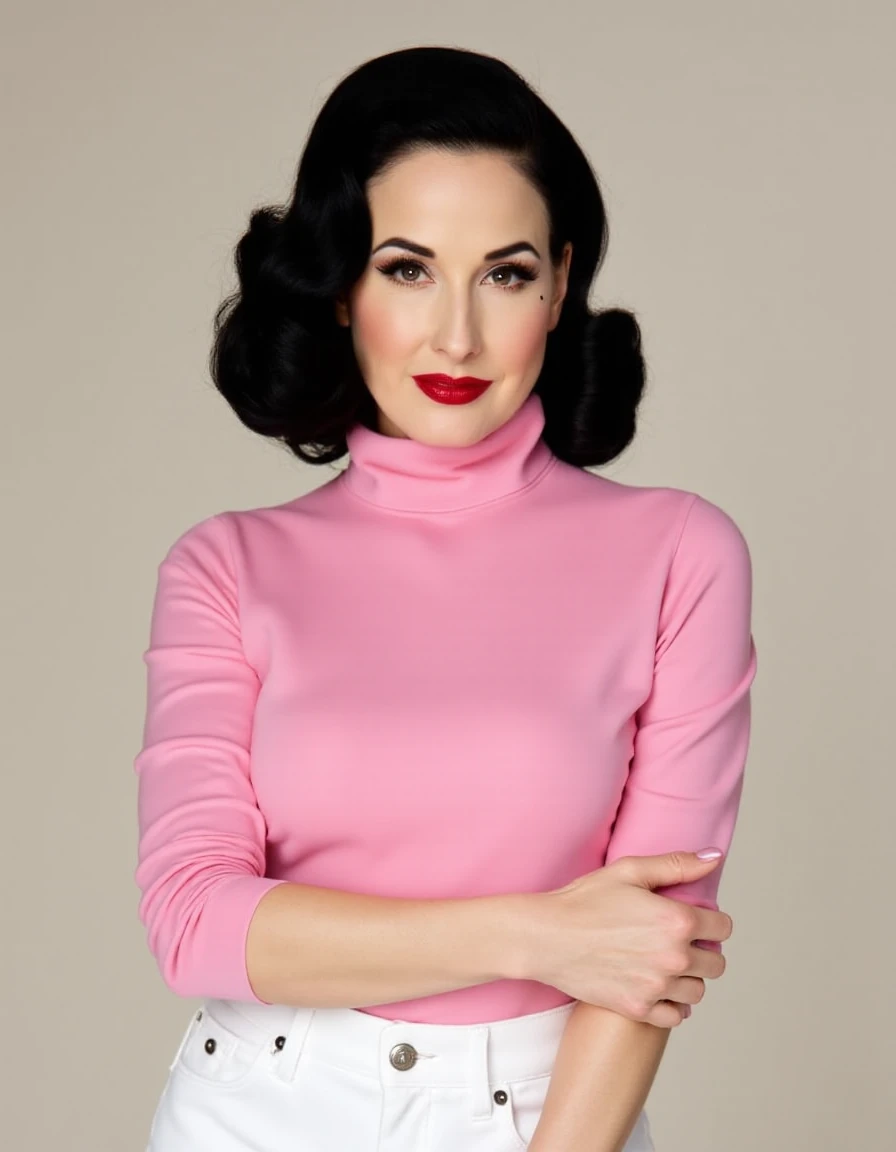 portrait photo of Dita Von Teese in pink turtleneck shirt and white jeans <lora:Dita Von Teese_epoch_9:1>