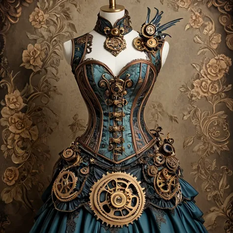 <lora:Rococo_Steampunk_SDXL:1> ArsMJStyle, Rococo Steampunk,  corset, gown, mechanical bird, ballroom, steampunk, rococo, gears, woman, solo, ornate design, detailed clothing