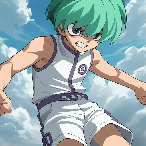 <lora:Noah_Kaiba_PONY:1> white shorts, duel disk, open mouth, cloud, clenched teeth, shorts, green hair, solo, 1boy, short hair, upperbody, grining score_9, score_8_up, score_7_up, score_6_up, masterpiece, best quality, amazing quality, best aesthetic, det...