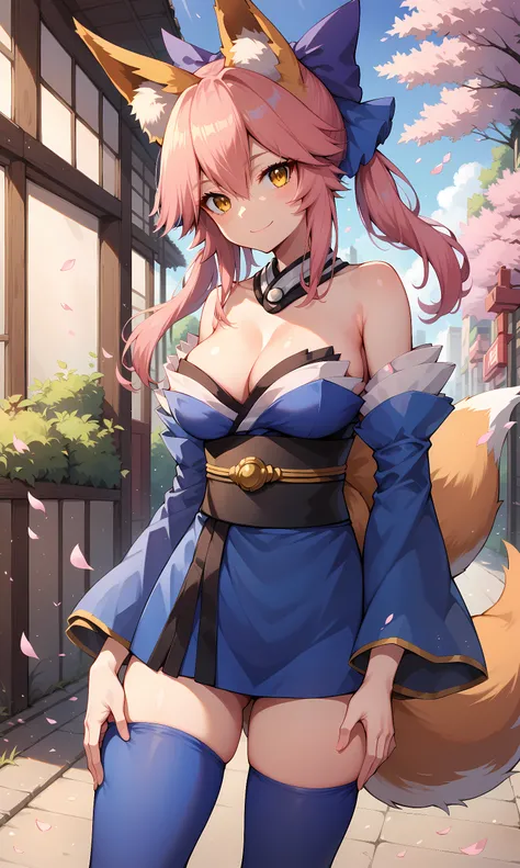 score_9, score_8_up, score_7_up, BREAK source_anime, 1girl, solo, outdoors, street, cherry blossoms, cowboy shot, standing, looking at viewer, tamamo, pink hair, hair between eyes, sidelocks, short twintails, yellow eyes, animal ears, fox ears, fox tail, b...