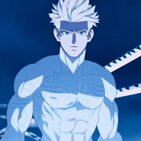 weapon, blue theme, parody, pectorals, male focus, blue eyes, topless male, white hair, short hair