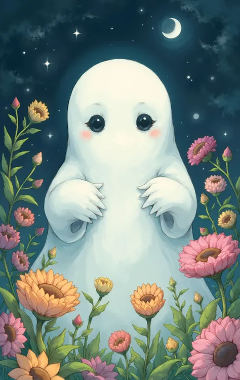  a cute ghost among the flowers,surrounded by various flowers and green leaves,in the style of Daisuke Higuchi. A full-body portrait with a mysterious atmosphere.surrounded by various flowers against a dark background, in the style of an oil painting . The...