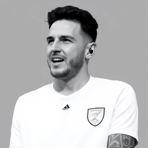 simple background, arm hair, white shirt, greyscale, facial hair, upper body, sportswear, microphone, open mouth, short hair