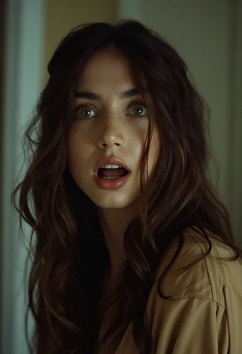 film grain, cinematic quality, ana de armas as a character from the movie se7en, shocked, surprised, in the style of se7en, long hair, fine art photography, film still, movie scene,
