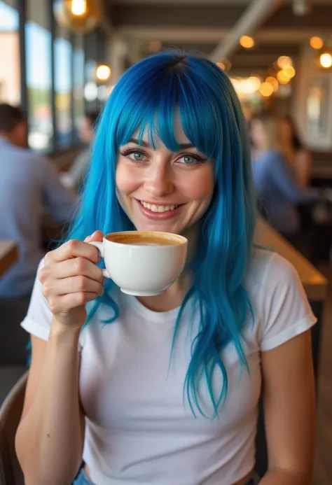 jewelzblu, blue hair, long hair, wearing a band thsirt, sitting in a cafe drinking an espresso. looking at the viewer smiling, happy